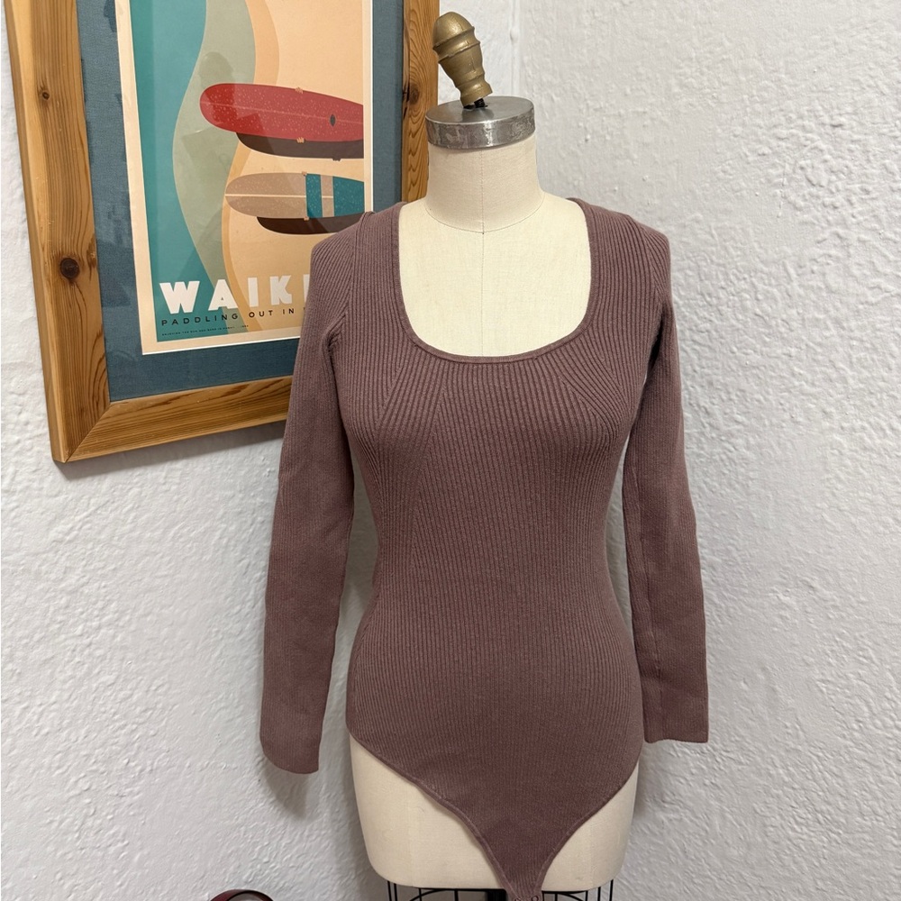 Abercrombie Long-Sleeve Ottoman Squareneck Bodysuit Brown Size Medium